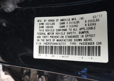 2017 Honda Accord Exl z USA, uszkodzony, nr VIN 1HGCR2F84HA162751